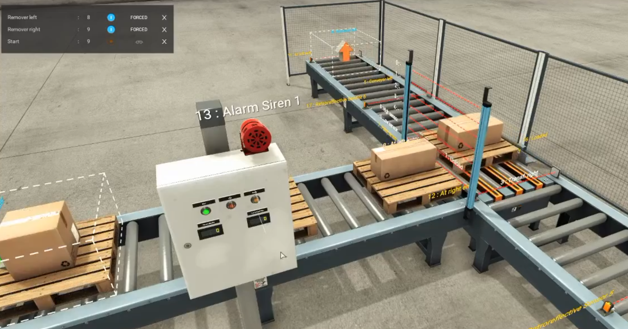Automated conveyor simulation moving packages between roller sections with sensors and an alarm panel