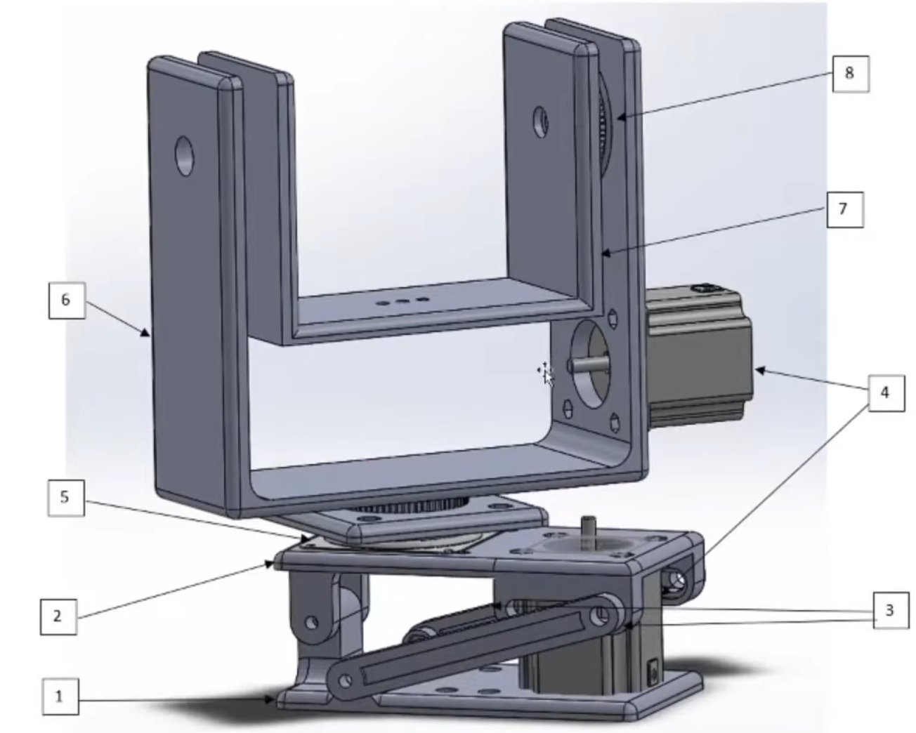 CAD assembly showing a frame, motor, and linked mechanical parts