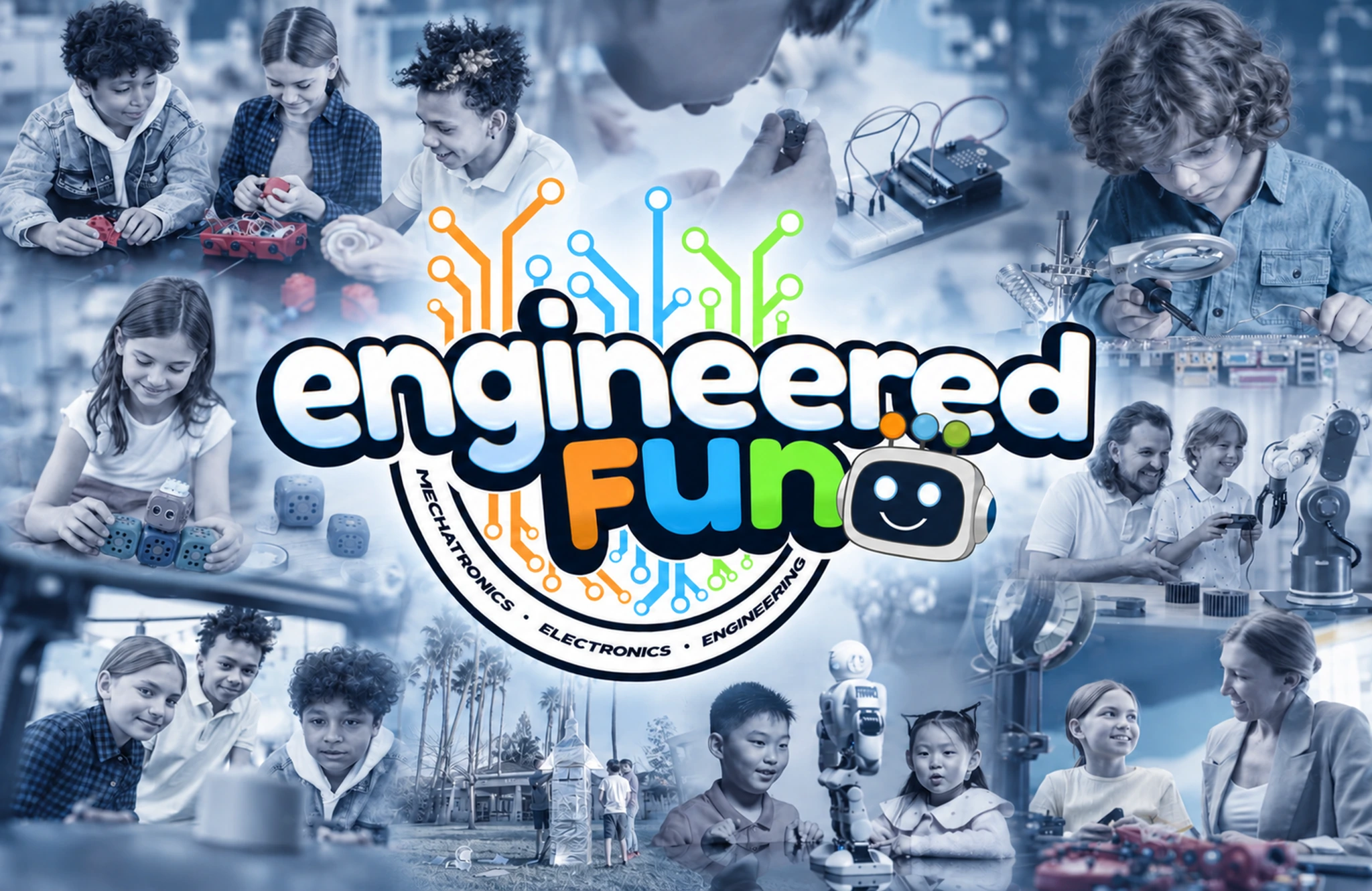 Engineered Fun logo over a blue-toned collage of students learning robotics, electronics, and engineering