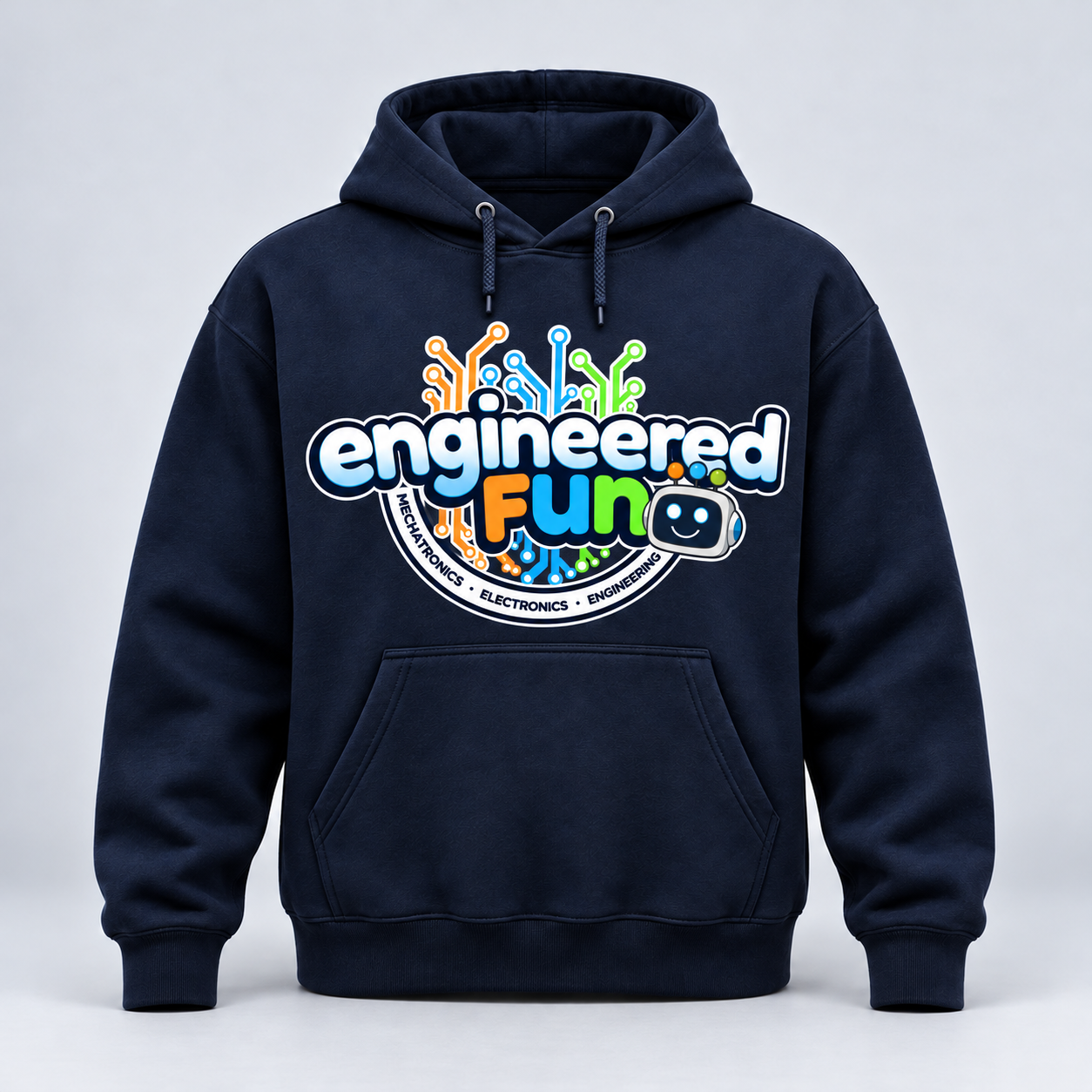 Navy hoodie with the large full Engineered Fun logo