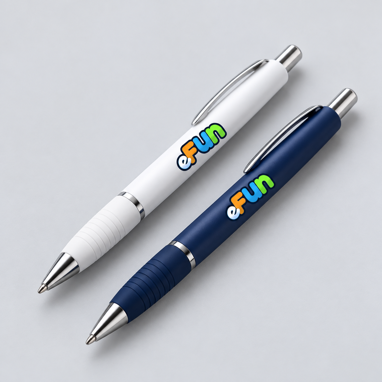 Navy and white pens with the new eFun logo