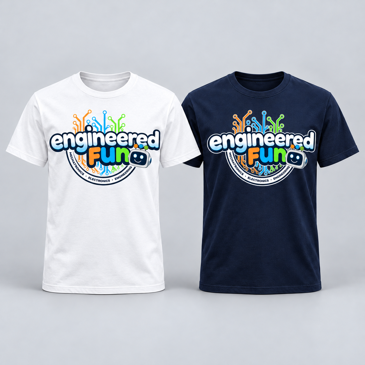 White and navy T-shirts with the large full Engineered Fun logo